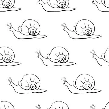 Vector seamless pattern with outline cute snails in style of sketch, doodle w Stock Illustration