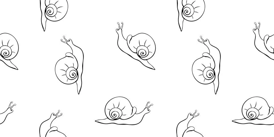 Vector seamless pattern with outline cute snails in style of sketch, doodle w Stock Illustration