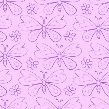 Vector seamless pattern of outline cute butterflies and flowers in doodle sty Illustrazione stock