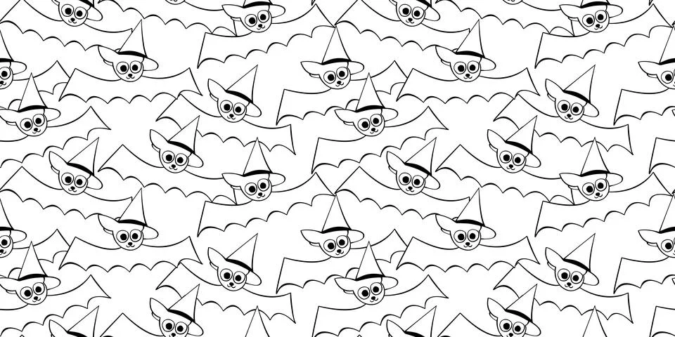 Vector seamless pattern with outline cute flying bats in witch hats. Hallowee Illustrazione stock
