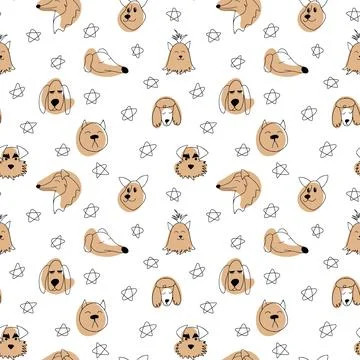 Vector seamless pattern with outline dogs of different breeds. Doodle cartoon Stock Illustration