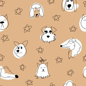 Vector seamless pattern with outline dogs of different breeds. Doodle cartoon Stock Illustration