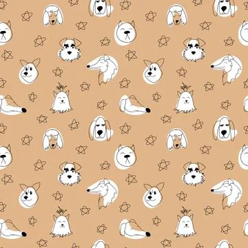 Vector seamless pattern with outline dogs of different breeds. Doodle cartoon Stock Illustration