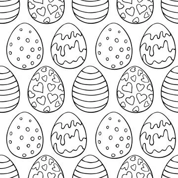 Vector seamless pattern with outline Easter eggs . Spring hand drawn doodle,  Stock Illustration