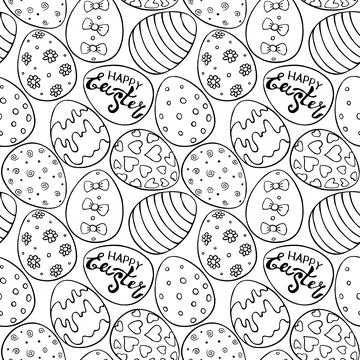 Vector seamless pattern with outline Easter eggs . Spring hand drawn doodle,  Stock Illustration