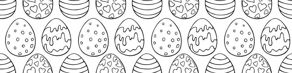 Vector seamless pattern with outline Easter eggs . Spring hand drawn doodle,  Stock Illustration
