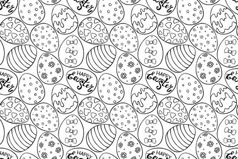 Vector seamless pattern with outline Easter eggs . Spring hand drawn doodle,  Stock Illustration