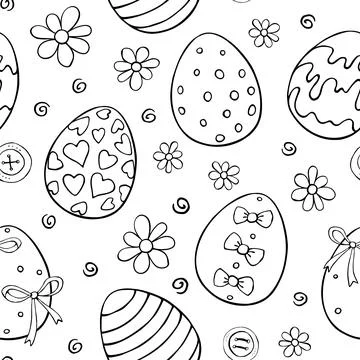 Vector seamless pattern with outline Easter eggs, flowers. Spring hand drawn  Stock Illustration