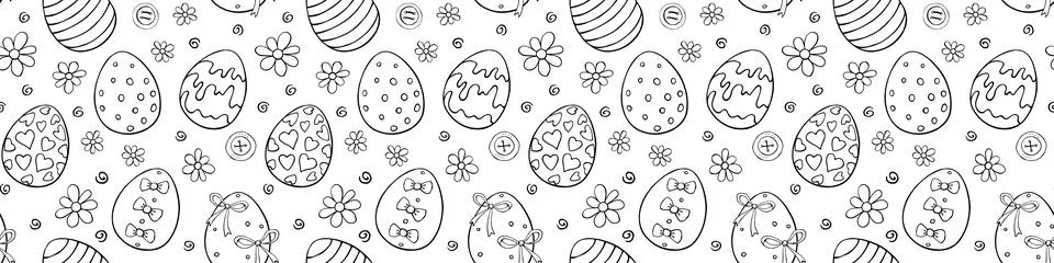 Vector seamless pattern with outline Easter eggs, flowers. Spring hand drawn  Stock Illustration