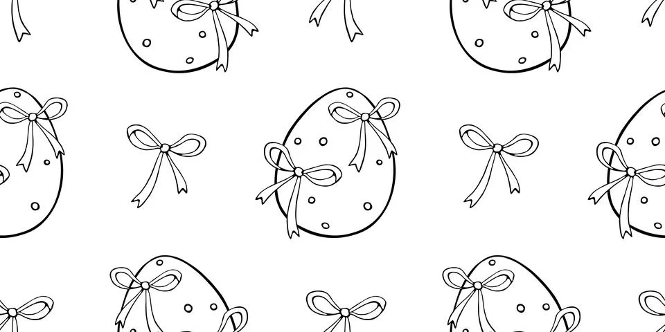 Vector seamless pattern with outline Easter eggs and bows. Spring hand drawn  Stock Illustration
