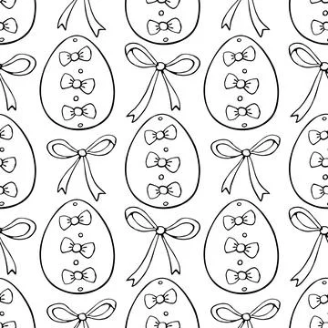 Vector seamless pattern with outline Easter eggs and bows. Spring hand drawn  Stock Illustration