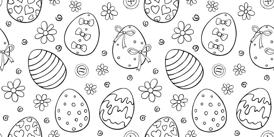Vector seamless pattern with outline Easter eggs, flowers. Spring hand drawn  Stock Illustration
