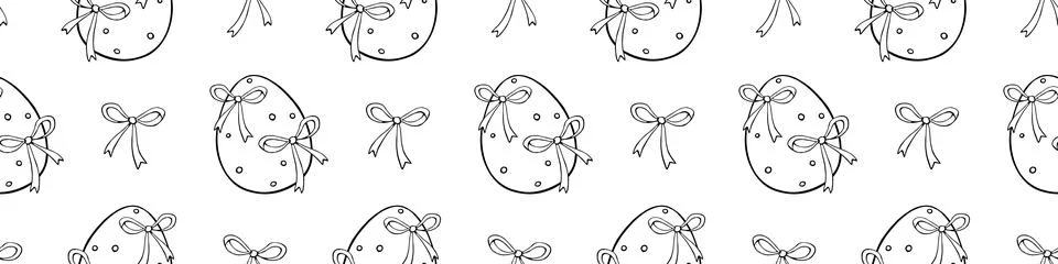 Vector seamless pattern with outline Easter eggs and bows. Spring hand drawn  Stock Illustration