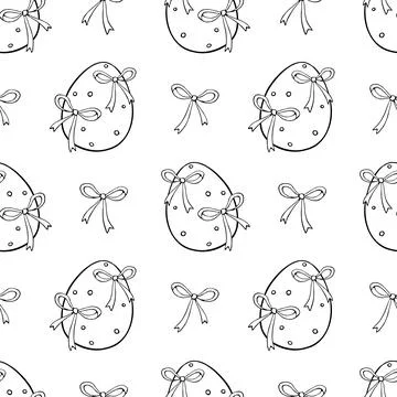 Vector seamless pattern with outline Easter eggs and bows. Spring hand draw.. Stock Illustration