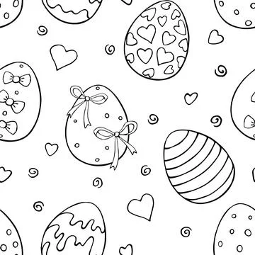 Vector seamless pattern with outline Easter eggs, hearts. Spring hand drawn d イラスト素材