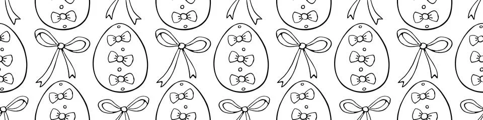 Vector seamless pattern with outline Easter eggs and bows. Spring hand drawn  Stock Illustration
