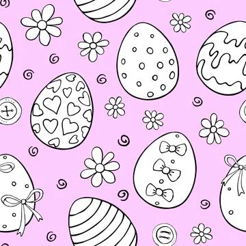 Vector seamless pattern with outline Easter eggs, flowers. Spring hand drawn  Stock Illustration