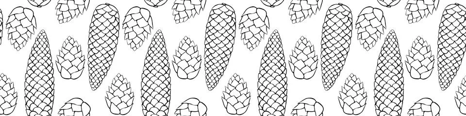 Vector seamless pattern with outline fir spruce pine cones in doodle style. B Stock Illustration