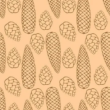 Vector seamless pattern with outline fir spruce pine cones in doodle style. B Stock Illustration