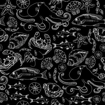 Vector seamless pattern of outline fish, crab and shrimp. Stock Illustration