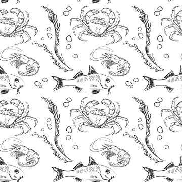 Vector seamless pattern of outline fish, crab and shrimp. Illustrazione stock
