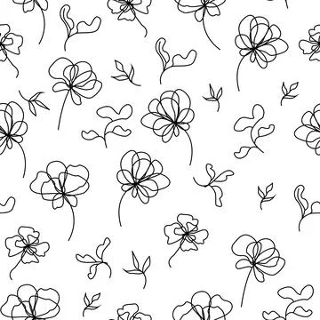 Vector seamless pattern with outline flowers Stock Illustration