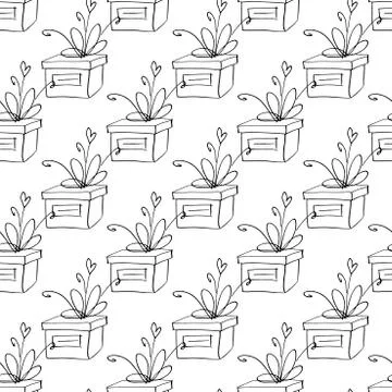 Vector Seamless pattern with outline gift box in doodle style, line art. Cute Illustrazione stock