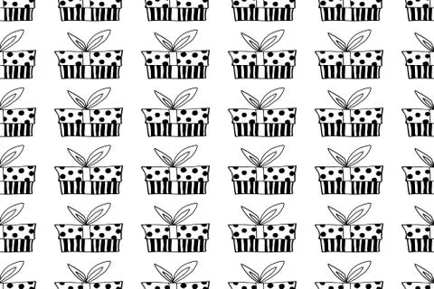 Vector Seamless pattern with outline gift box in doodle style. Cute hand draw Stock Illustration