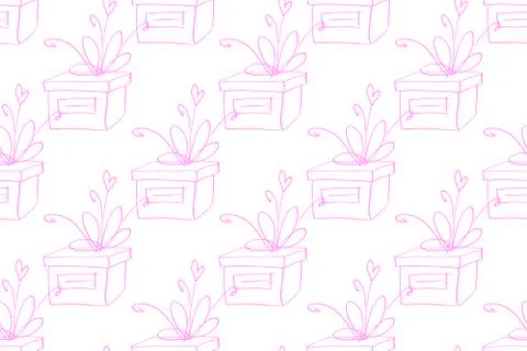 Vector Seamless pattern with outline gift box in doodle style, line art. Cute Illustrazione stock