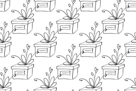 Vector Seamless pattern with outline gift box in doodle style, line art. Cute Illustrazione stock