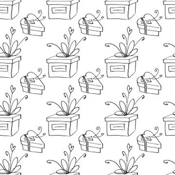 Vector Seamless pattern with outline gift box in doodle style, line art. Cute Stock Illustration