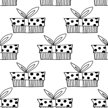 Vector Seamless pattern with outline gift box in doodle style. Cute hand draw Stockillustratie