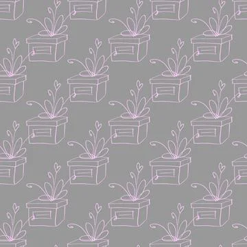 Vector Seamless pattern with outline gift box in doodle style, line art. Cute Illustrazione stock