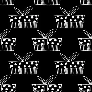 Vector Seamless pattern with outline gift box in doodle style. Cute hand draw イラスト素材