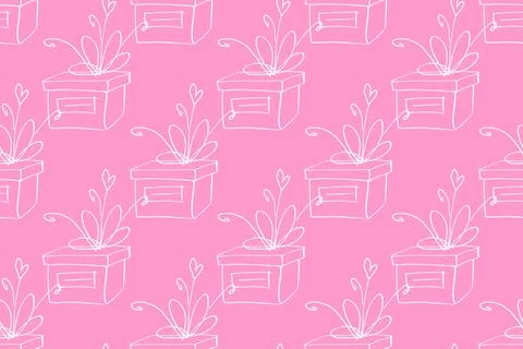 Vector Seamless pattern with outline gift box in doodle style, line art. Cute Stock Illustration