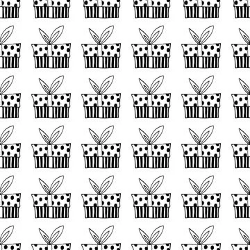Vector Seamless pattern with outline gift box in doodle style. Cute hand draw Stock Illustration