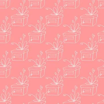 Vector Seamless pattern with outline gift box in doodle style, line art. Cute Stock Illustration
