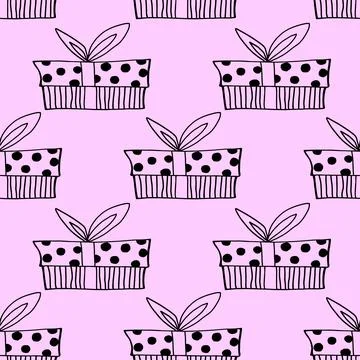 Vector Seamless pattern with outline gift box in doodle style, line art. Cute Illustrazione stock