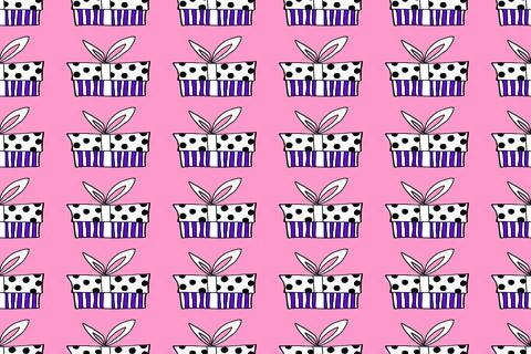 Vector Seamless pattern with outline gift box in flat doodle style. Cute hand Stock Illustration