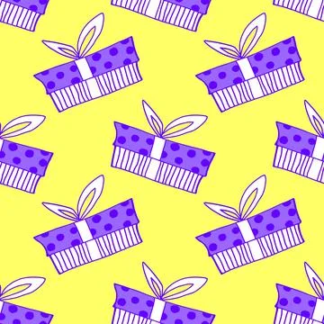 Vector Seamless pattern with outline gift box in flat doodle style. Cute hand Stock Illustration