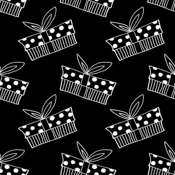 Vector Seamless pattern with outline gift box in doodle style. Cute hand draw イラスト素材