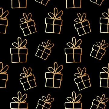 Vector Seamless pattern with outline gift box in doodle style. Cute hand draw Stock Illustration