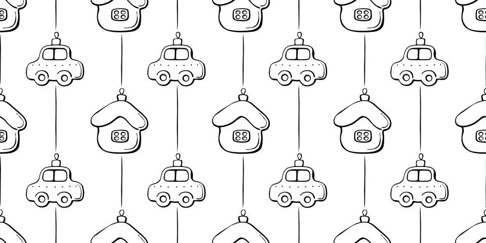 Vector seamless pattern with outline glass toys, decorations in form of car a Stock Illustration