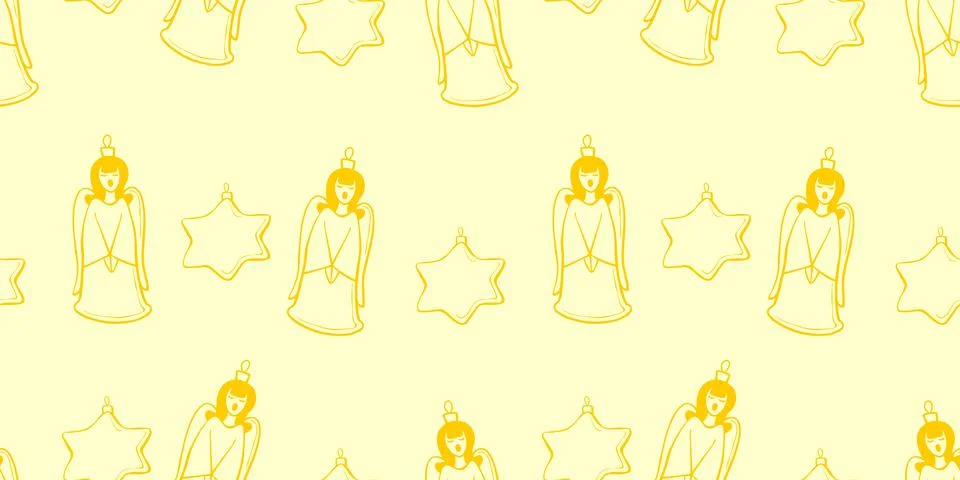 Vector seamless pattern with outline gold singing angels and stars, in doodle Stock Illustration