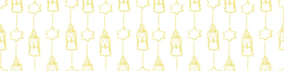 Vector seamless pattern with outline gold singing angels and stars, in doodle Stock Illustration