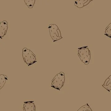 Vector seamless pattern of outline king penguin children chicks. Doodle carto Stock Illustration