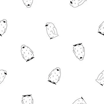 Vector seamless pattern of outline king penguin children chicks. Doodle carto Stock Illustration