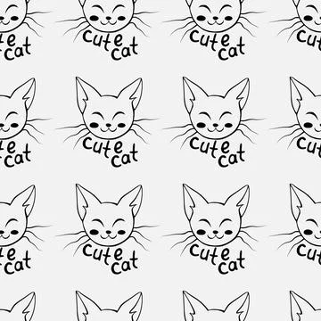 Vector seamless pattern with outline muzzles of cute cat and lettering in doo Illustrazione stock