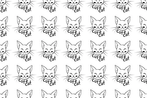 Vector seamless pattern with outline muzzles of cute cat and lettering in doo Stockillustratie