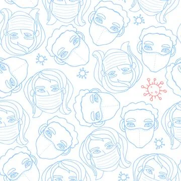 Vector seamless pattern with outline of people wearing medical protective mas Stock Illustration